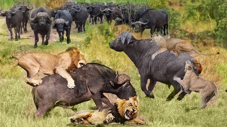 Buffalo wrestle with lions